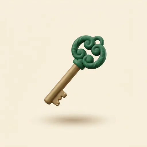An ornate clay key with a green scrolled bow and brass shaft